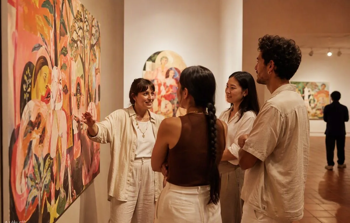 Friends in a quiet gallery, mid-opinion