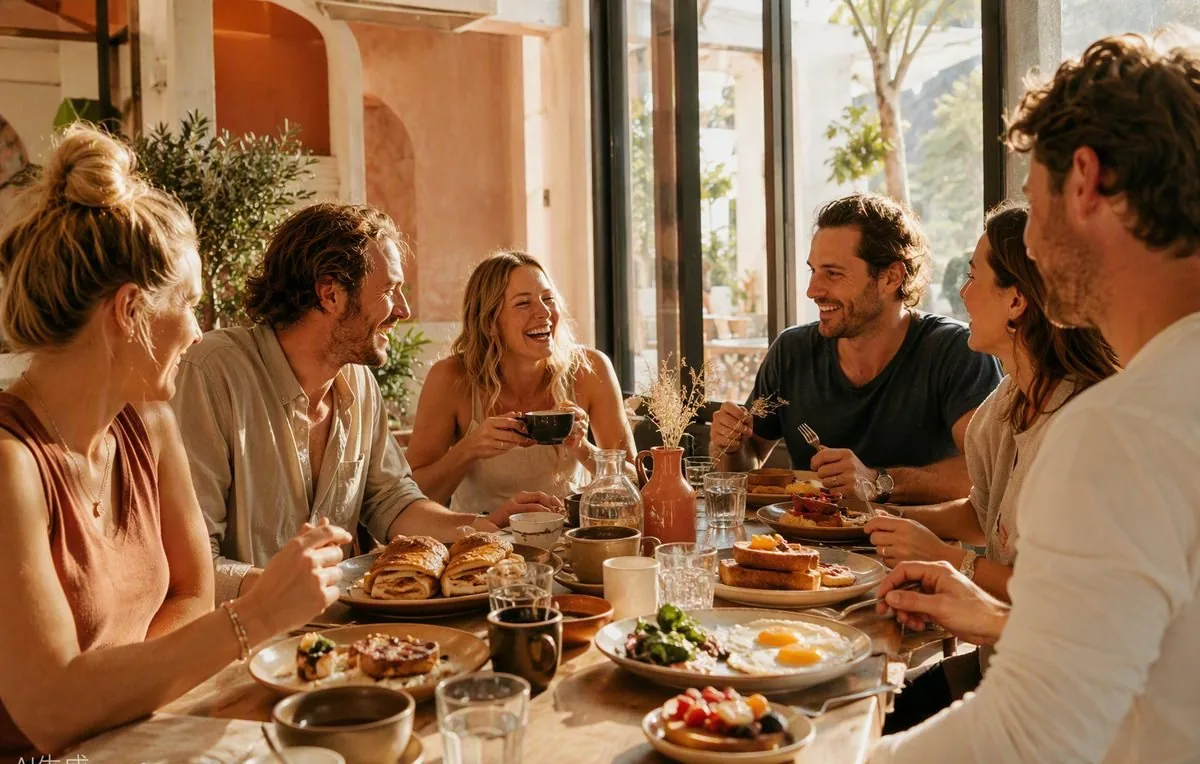 A big shared breakfast spread in the morning light