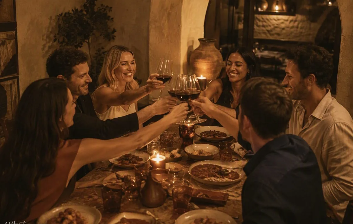 Six friends around a candlelit dinner table