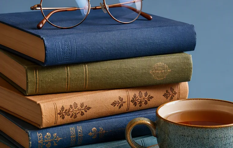 A book club over dinner — paperbacks, wine and warm light