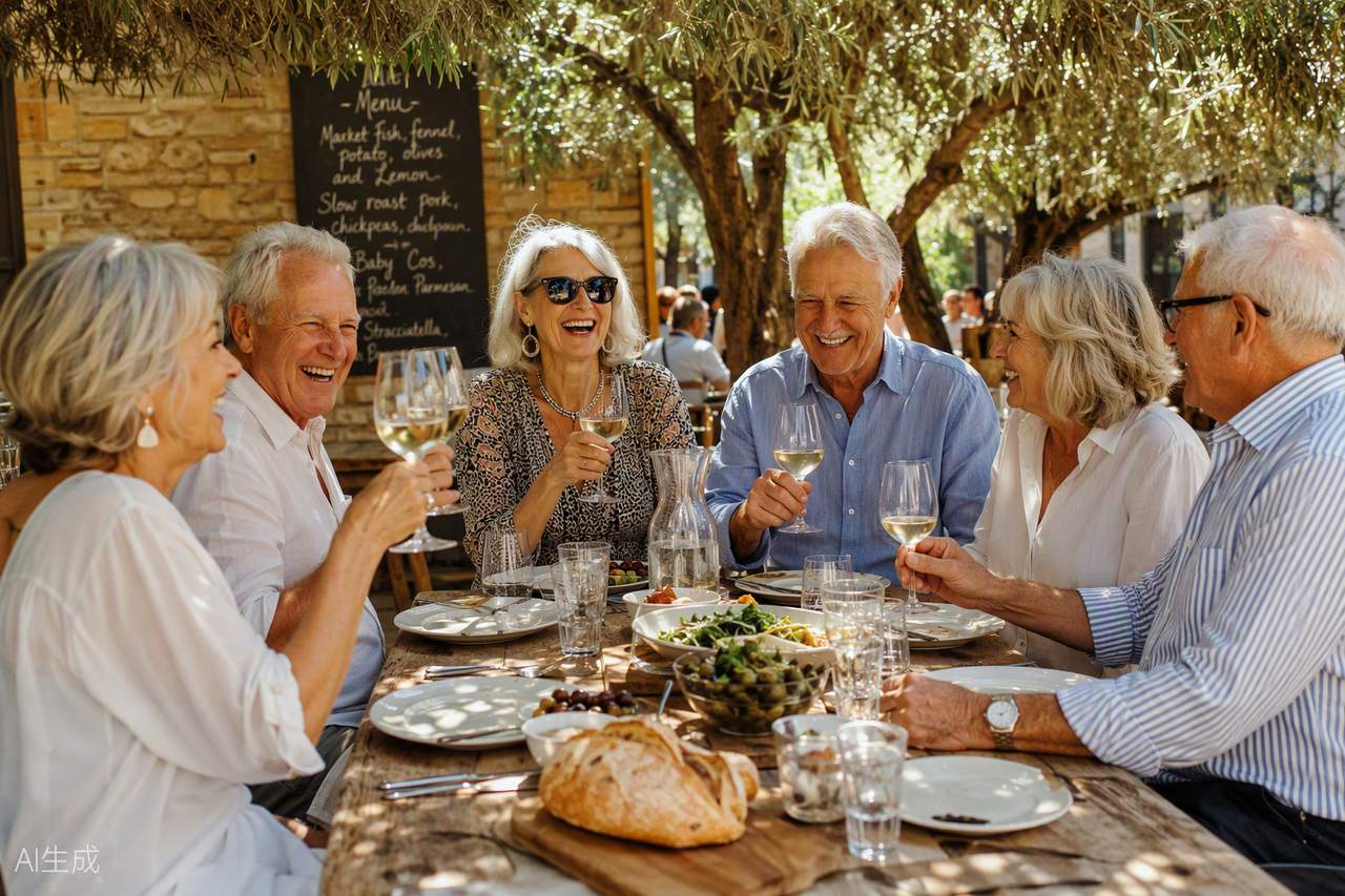 A long lunch table of friends in their sixties sharing a meal outdoors