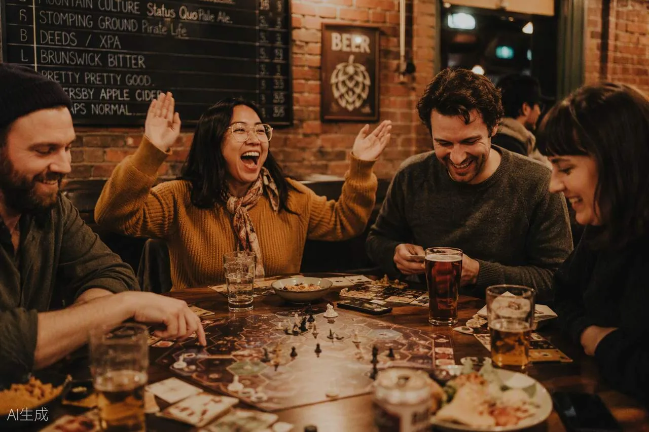 Friends around a board game, mid-laugh