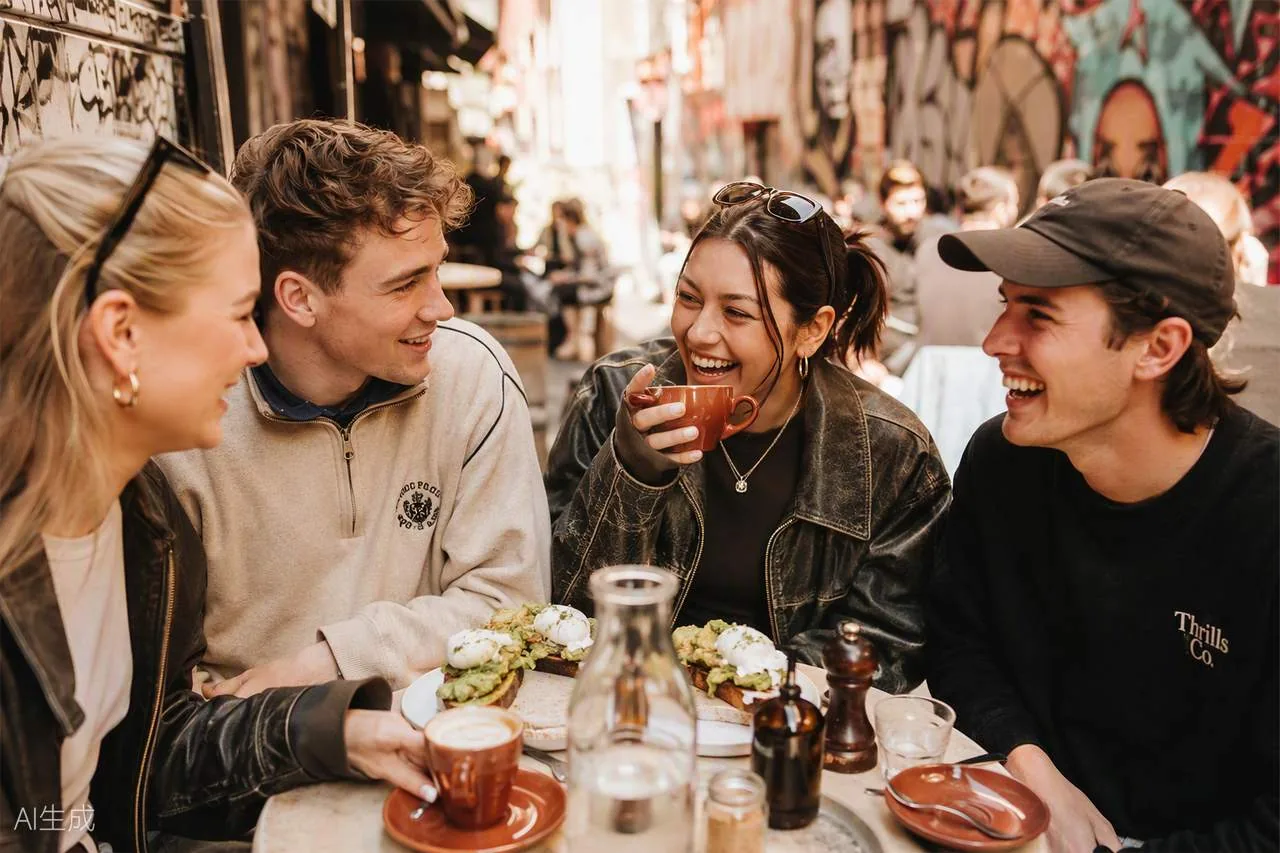 Two friends in their twenties laughing over coffee in a laneway café