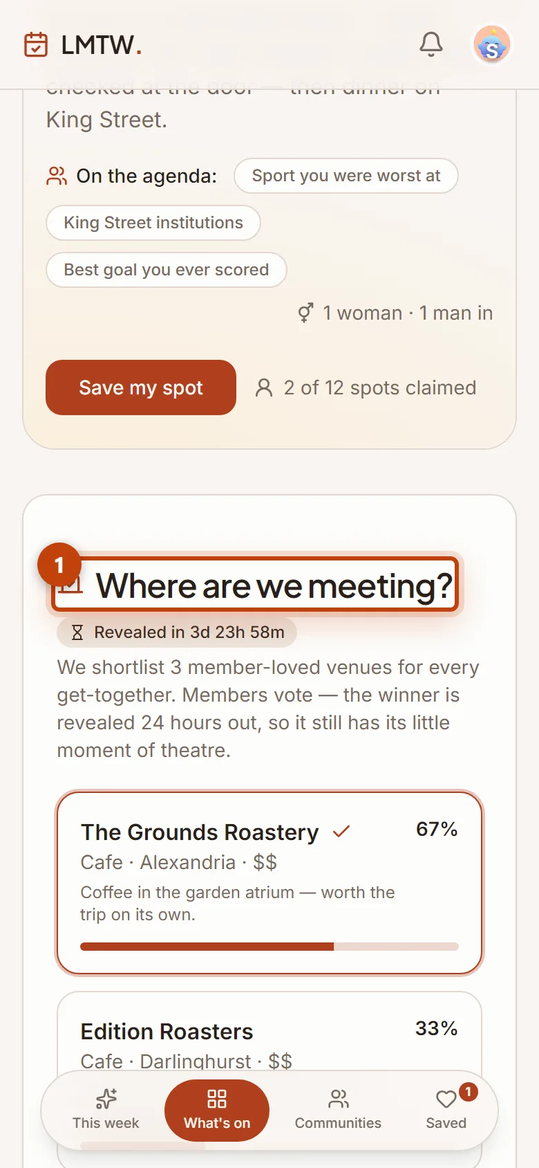Vote on the venue. Open the reveal.