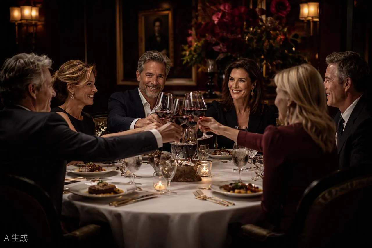 Couples toasting across a candlelit table